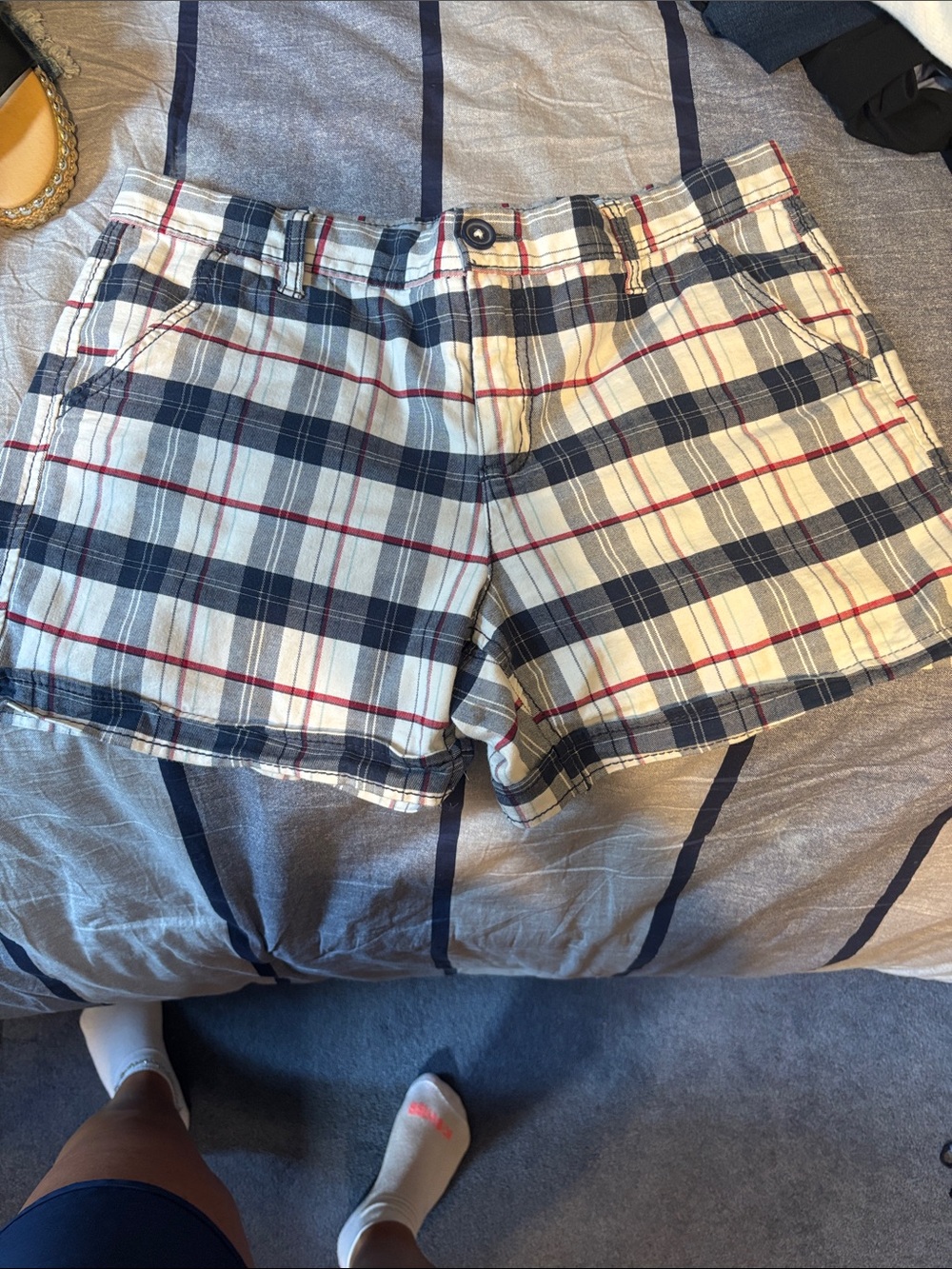 Faded Glory Plaid Bermuda Shorts - Navy, Cream & Red